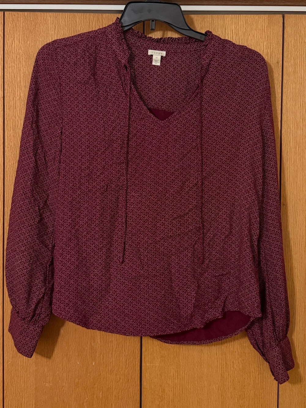 Women's Burgundy Long-Sleeve V-Neck Blouse with Tie